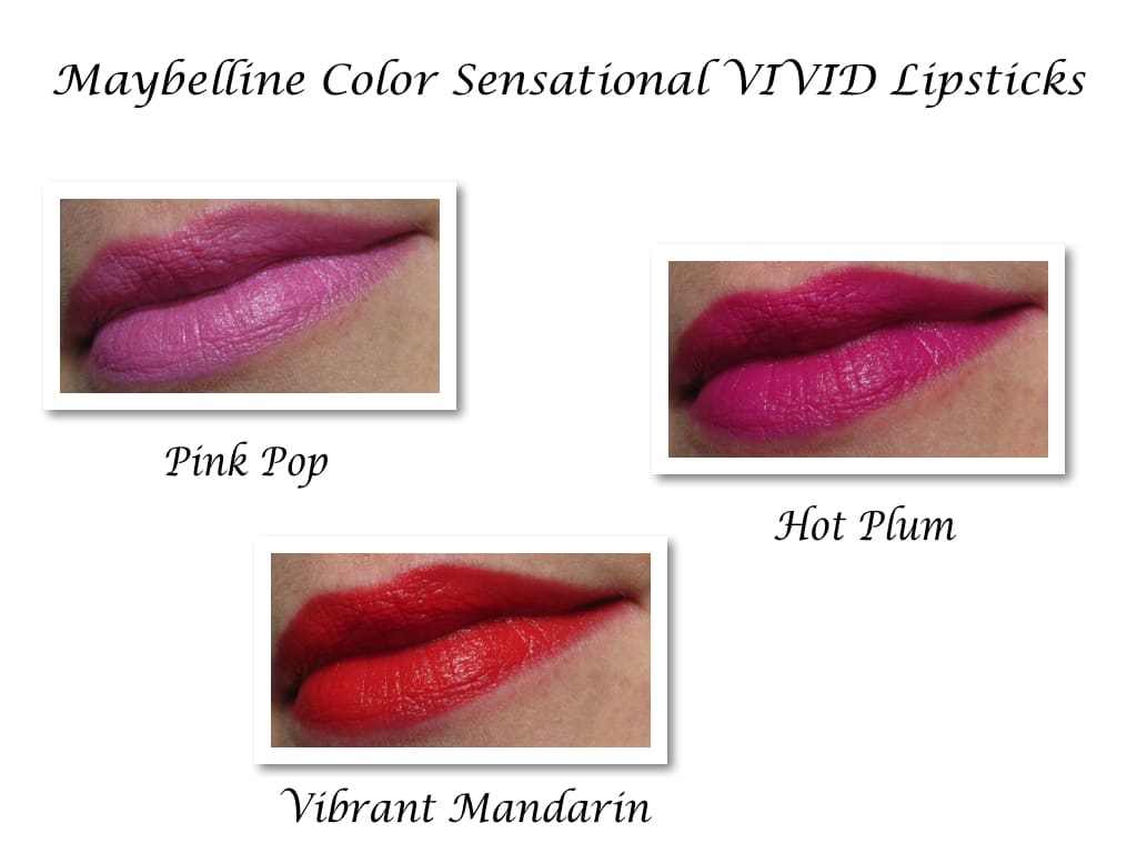 Maybelline Vivids in 860 Pink Pop, 885 Vibrant Mandarin, Hot Plum Photos, Swatches, Review